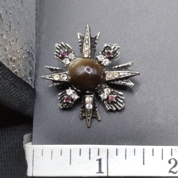 Vintage 1930's Pot Metal Cross Star Brooch Glass Center Stone & Rhinestones - Picture 3 of 3
